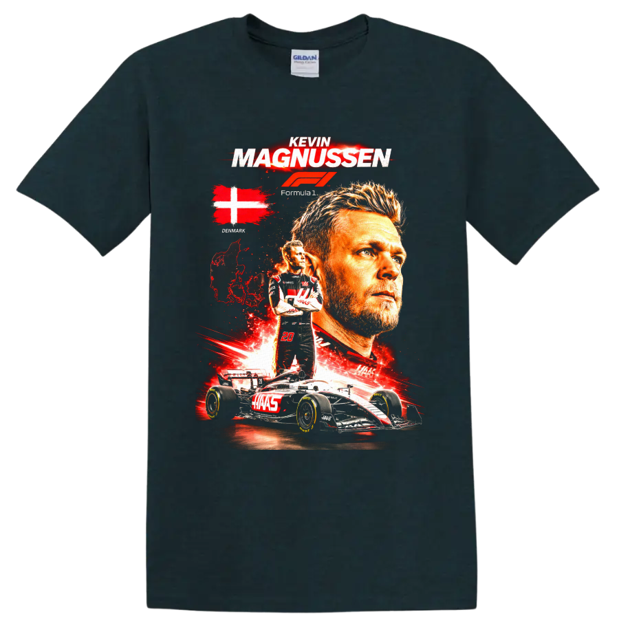 Kevin Magnussen Haas Formula 1 collage with Denmark flag, number 20, and race car on a Midnight (Green) T Shirt