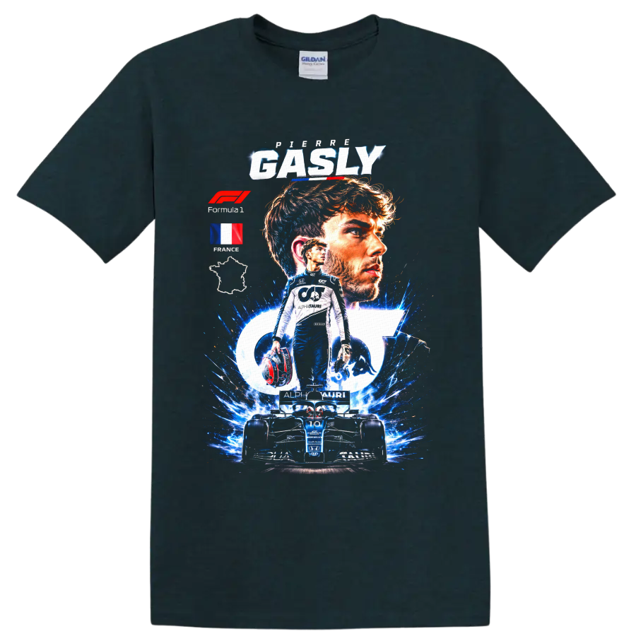 Pierre Gasly AlphaTauri Formula 1 portrait and race car graphic with French details on a Midnight (Green) T Shirt