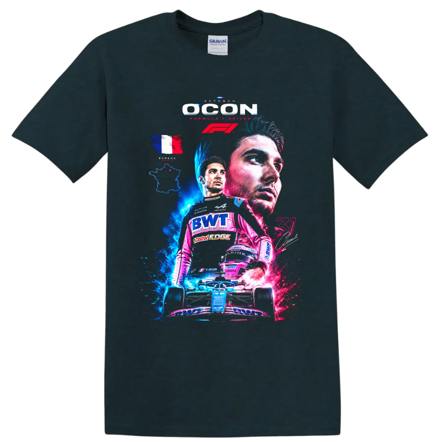Esteban Ocon Alpine Formula 1 collage with French flag, helmet, and race car on a Midnight (Green) T Shirt