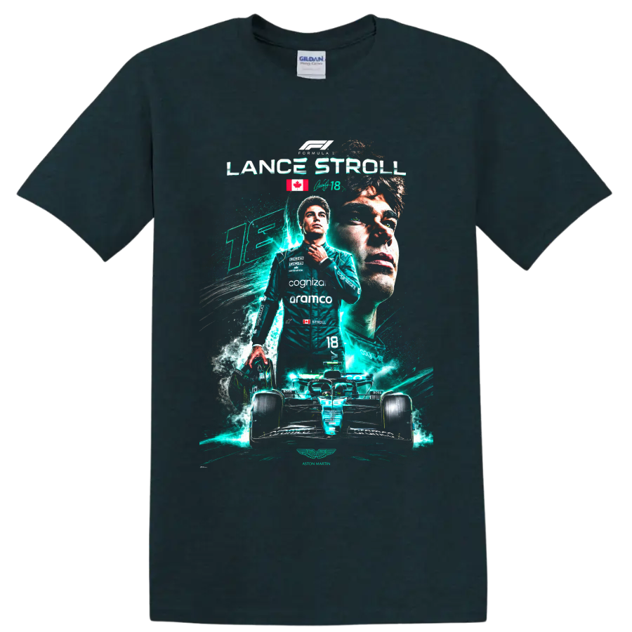 Lance Stroll Aston Martin Formula 1 driver collage with number 18 race car on a Midnight (Green) T Shirt