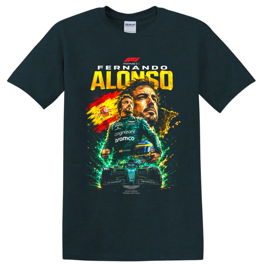Fernando Alonso Aston Martin Formula 1 collage with number 14 car and Spanish flag on a Midnight (Green) T Shirt