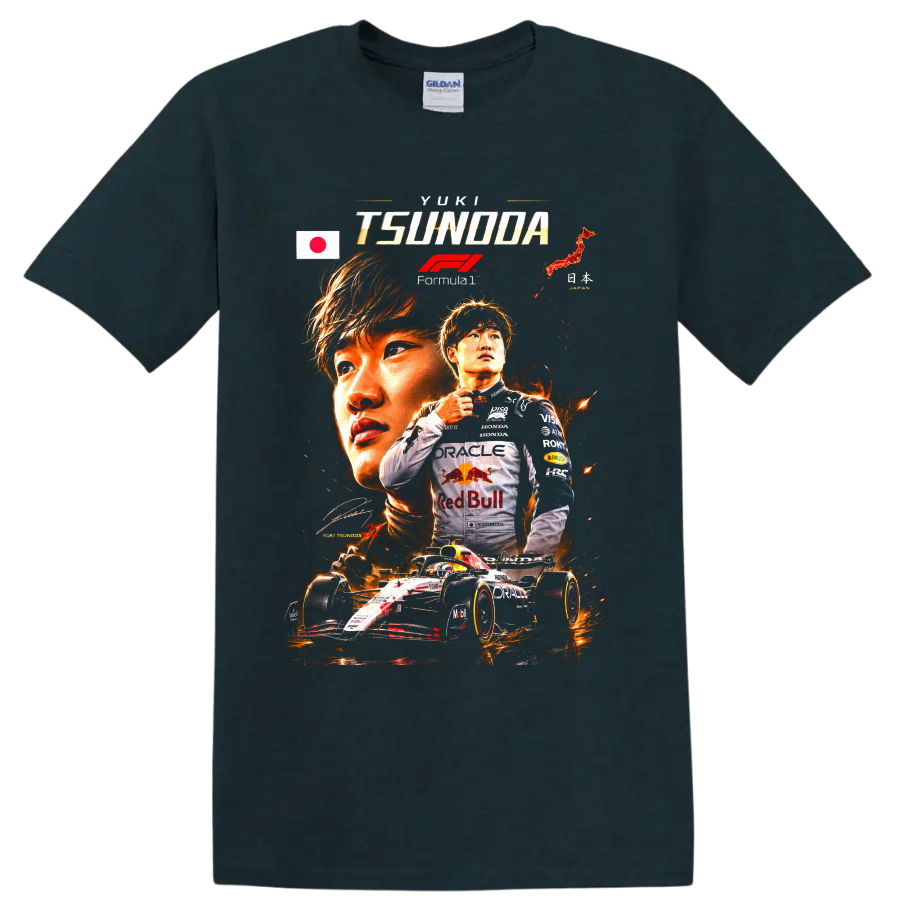 Yuki Tsunoda Formula 1 racing collage with Japanese flag, fiery portraits, and race car on a Midnight (Green) T Shirt