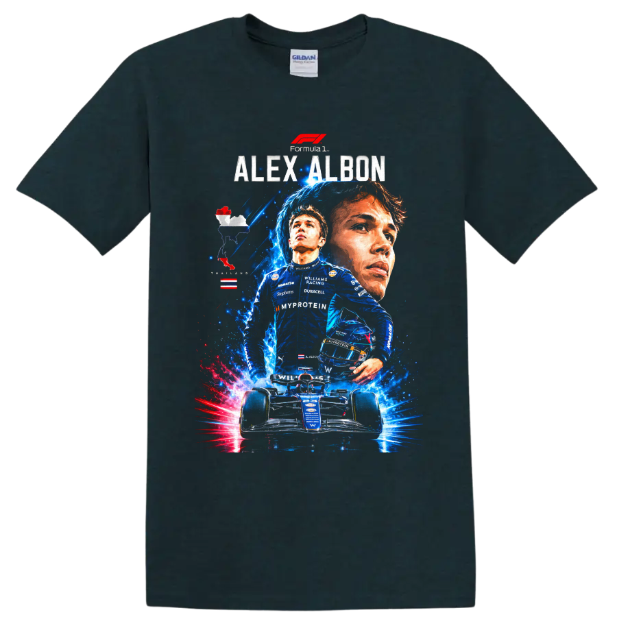 Alex Albon Williams Racing Formula 1 portrait, driver, helmet and race car graphic on a Midnight (Green) T Shirt