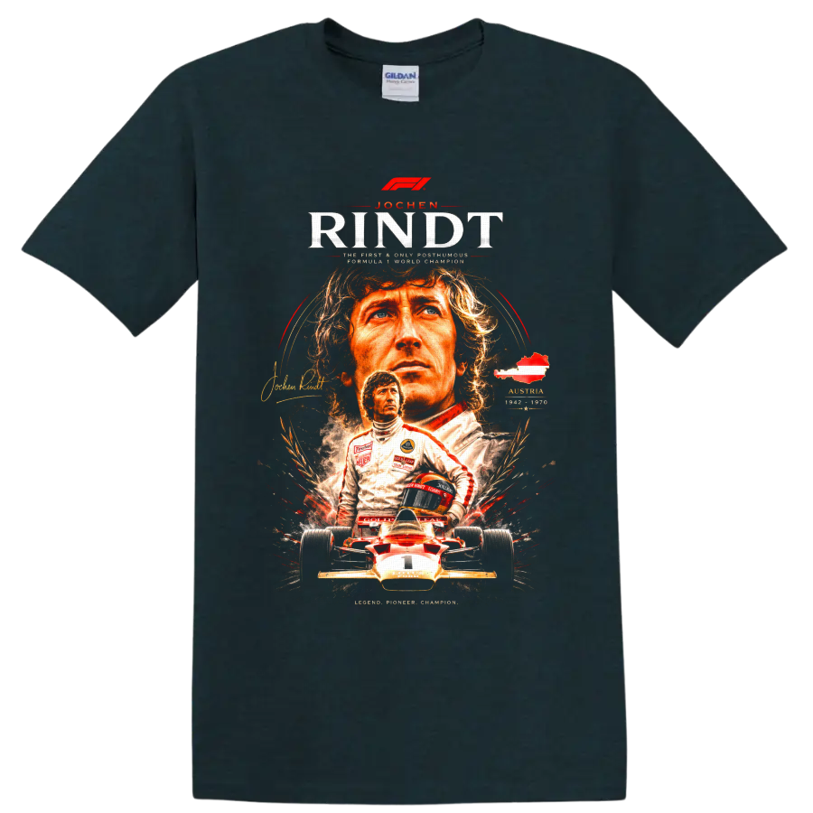 Jochen Rindt Team Lotus vintage Formula 1 portrait and race car graphic print on a Midnight (Green) T Shirt
