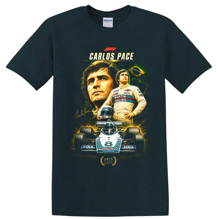 Carlos Pace portrait and Brabham Martini number 8 Formula 1 car collage on a Midnight (Green) T Shirt