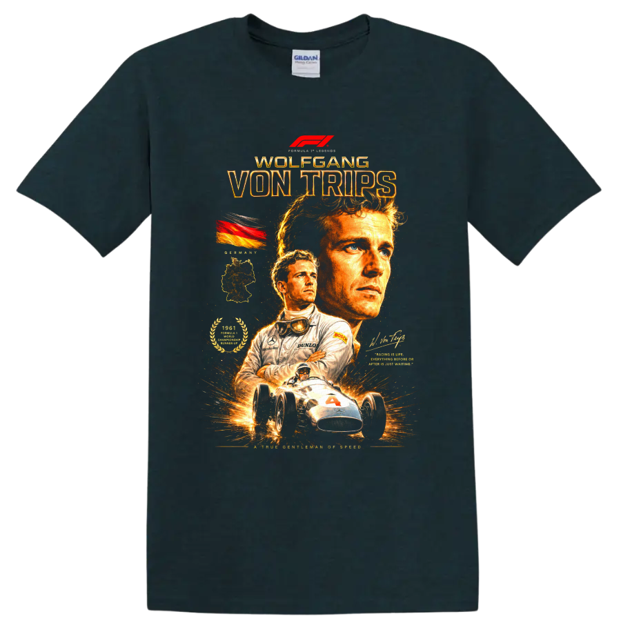 Wolfgang von Trips vintage racing portraits with German flag and open-wheel race car on a Midnight (Green) T Shirt