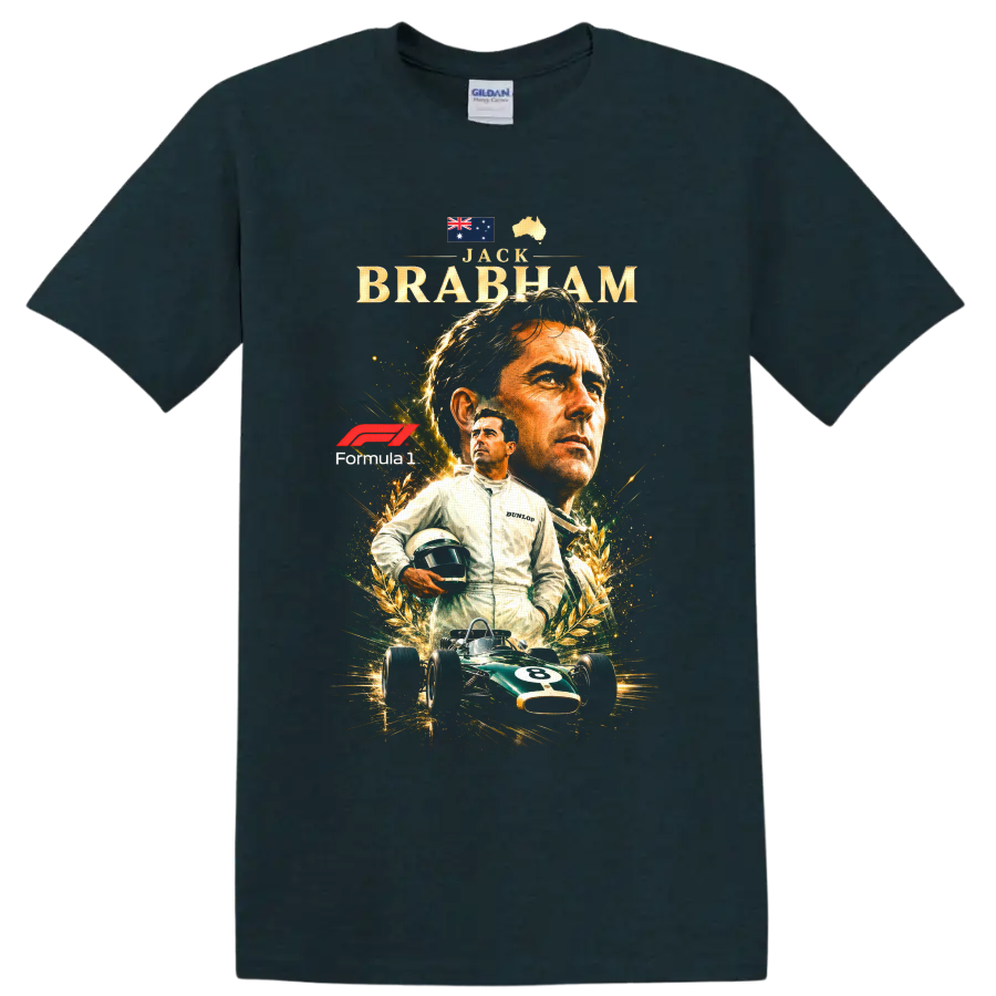 Jack Brabham Formula 1 tribute with Australian symbols, laurel art and vintage race car on a Midnight (Green) T Shirt