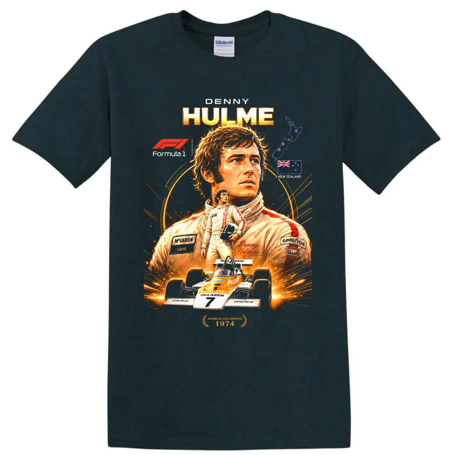 Denny Hulme Formula 1 portrait with McLaren race car and New Zealand flag artwork on a Midnight (Green) T Shirt