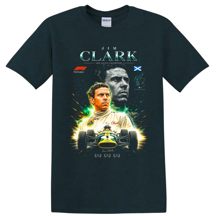 Jim Clark Lotus Formula 1 tribute with Scottish flag, portraits, and vintage race car on a Midnight (Green) T Shirt