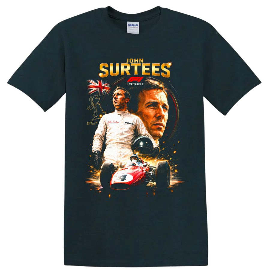 John Surtees Formula 1 collage with portraits, Union Jack, helmet, and red number 7 car on a Midnight (Green) T Shirt