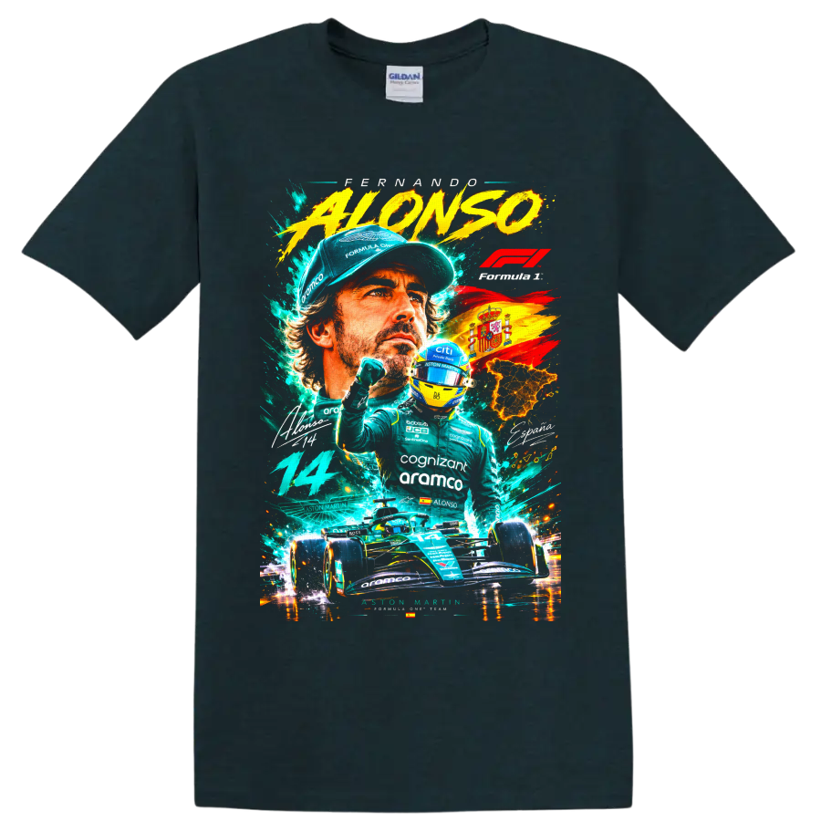 Fernando Alonso Formula 1 racing collage with Aston Martin car, helmet, number 14 and on a Midnight (Green) T Shirt