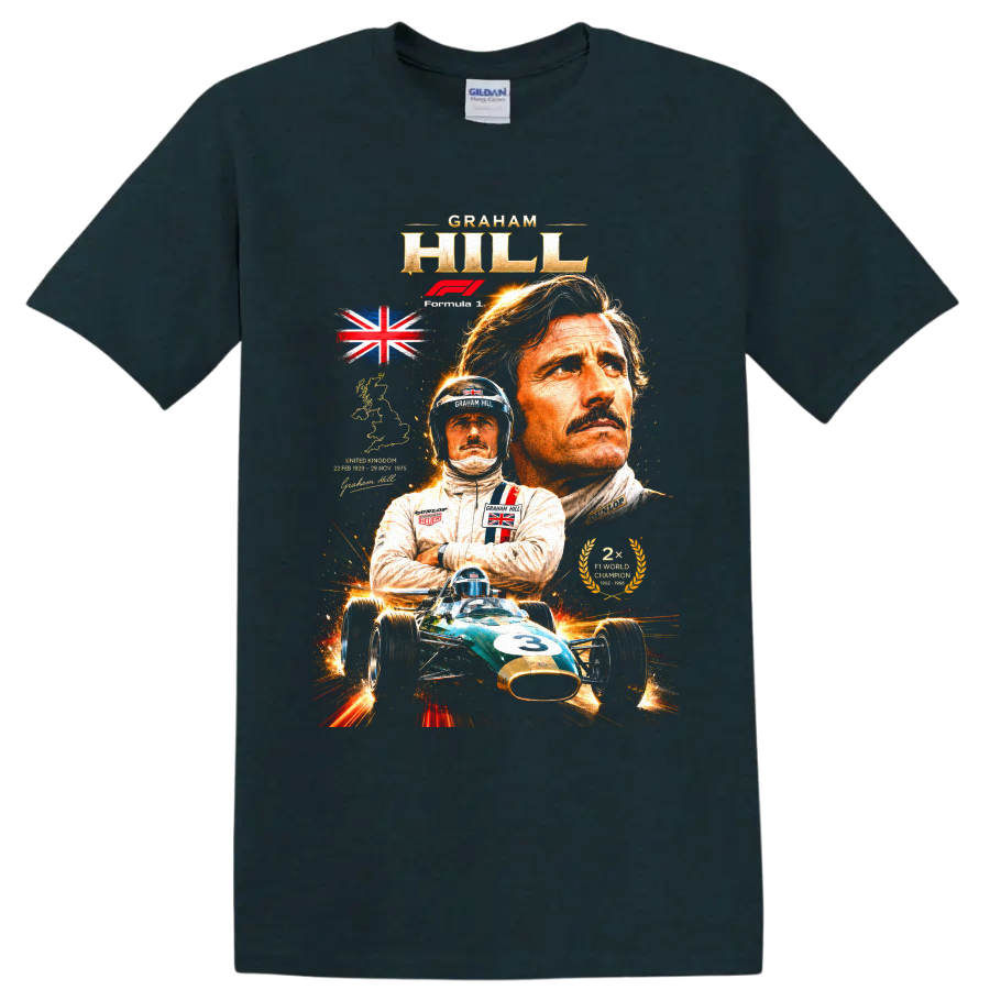 Graham Hill portrait and vintage number 3 Formula 1 car British racing tribute on a Midnight (Green) T Shirt