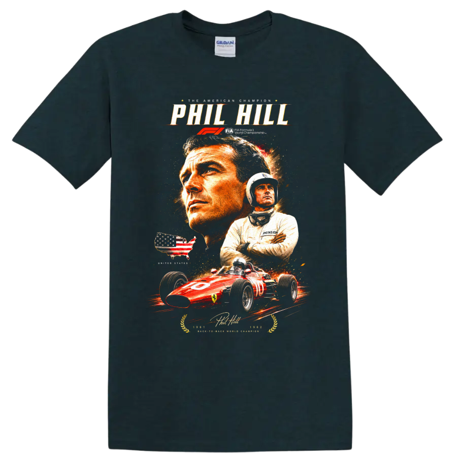 Phil Hill portraits and 1961 Ferrari race car American Champion graphic on a Midnight (Green) T Shirt