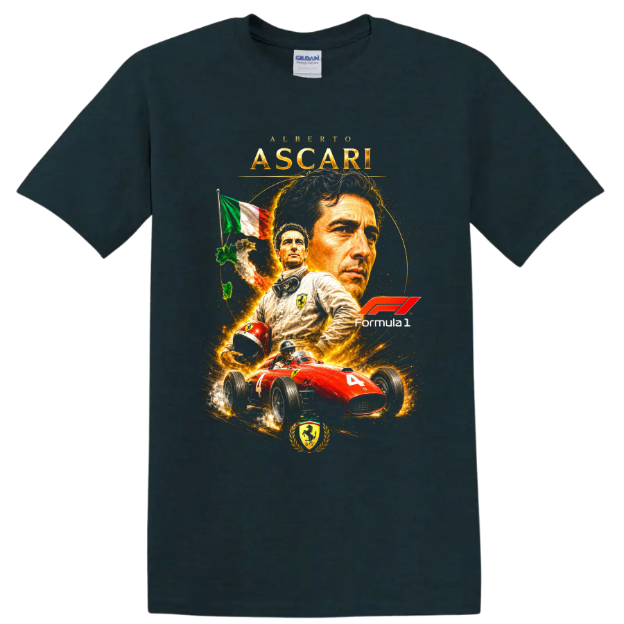 Alberto Ascari Ferrari Formula 1 portrait with red number 4 vintage race car on a Midnight (Green) T Shirt