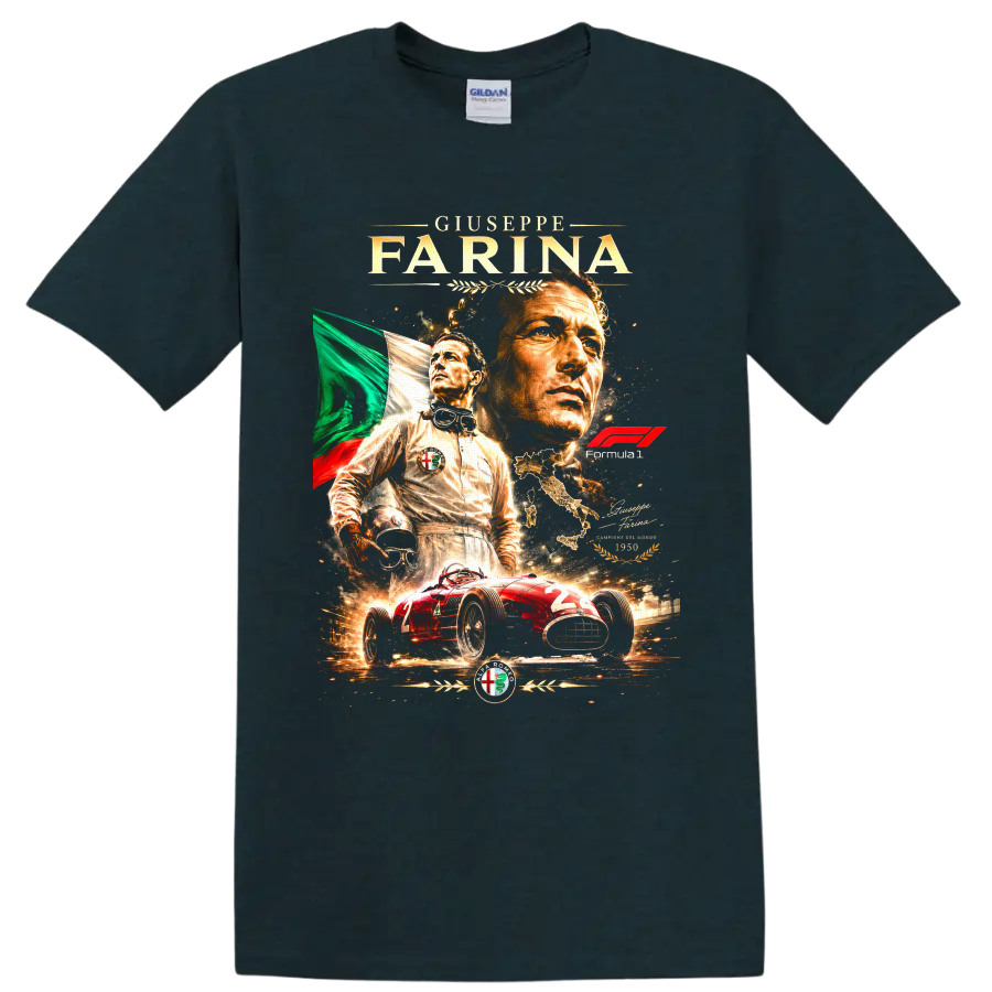 Giuseppe Farina vintage Formula 1 portrait with Alfa Romeo race car and Italian flag on a Midnight (Green) T Shirt