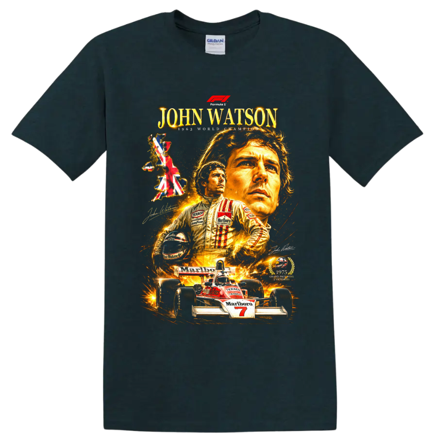 John Watson McLaren Formula 1 portrait collage with British map and number 7 race car on a Midnight (Green) T Shirt