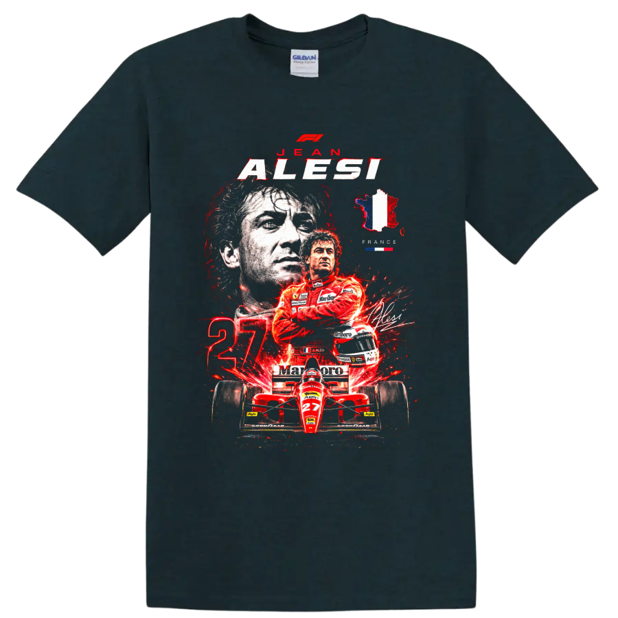 Jean Alesi Ferrari Formula 1 portrait, red number 27 car, and France graphic on a Midnight (Green) T Shirt