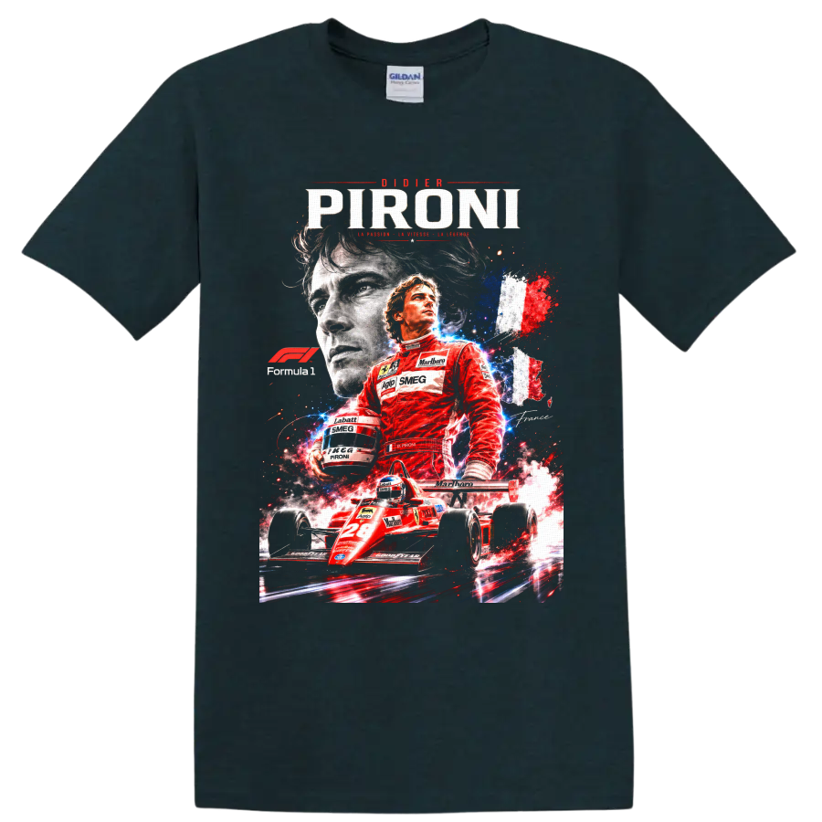 Didier Pironi Ferrari No. 28 Formula 1 collage with French tricolor racing art on a Midnight (Green) T Shirt