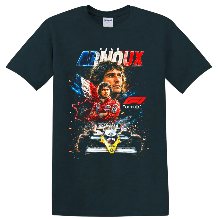 René Arnoux Renault Formula 1 retro collage with driver portraits and No. 16 race car on a Midnight (Green) T Shirt