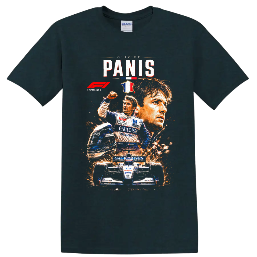 Olivier Panis Ligier Formula 1 portrait collage with French racing car and sparks on a Midnight (Green) T Shirt