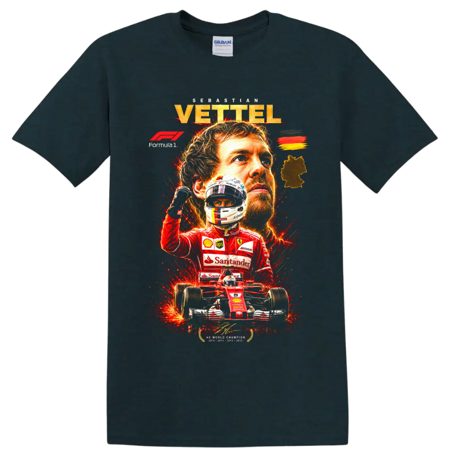 Sebastian Vettel Ferrari Formula 1 portrait, helmet, and red race car graphic on a Midnight (Green) T Shirt