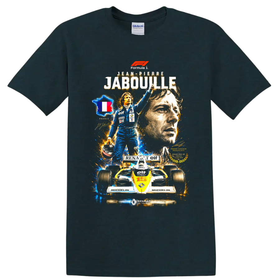 Jean-Pierre Jabouille Renault Formula 1 vintage racing collage with No. 15 car on a Midnight (Green) T Shirt