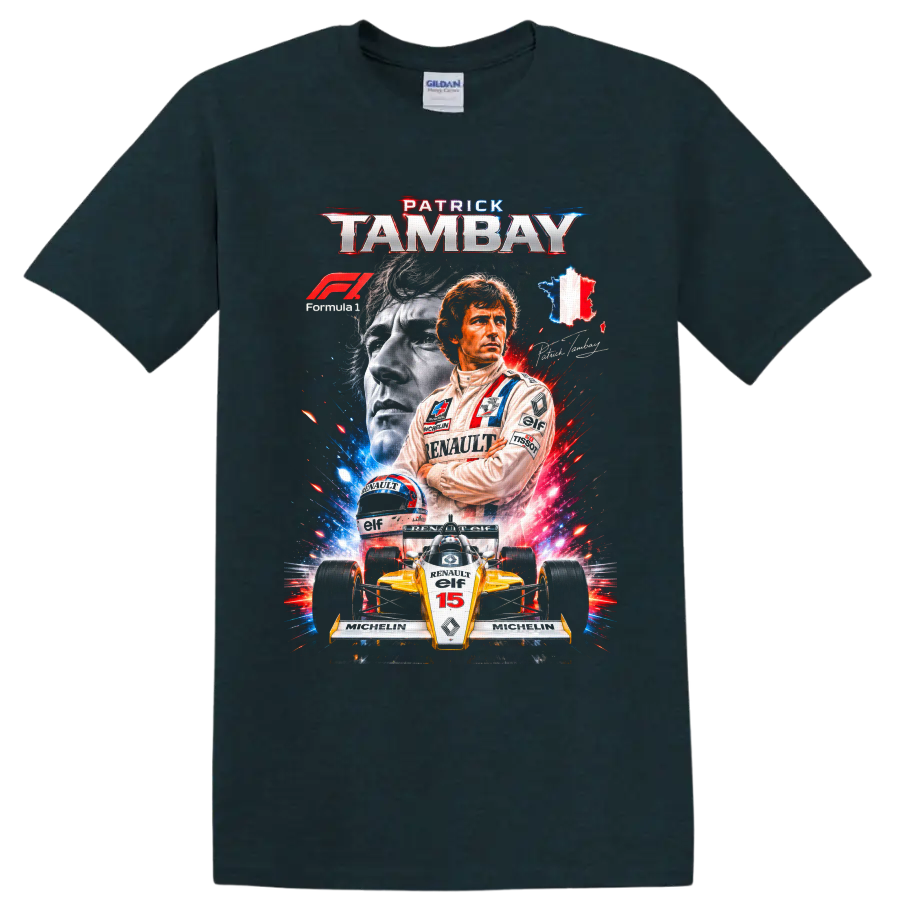 Patrick Tambay Renault Formula 1 portrait, helmet, and number 15 race car graphic on a Midnight (Green) T Shirt