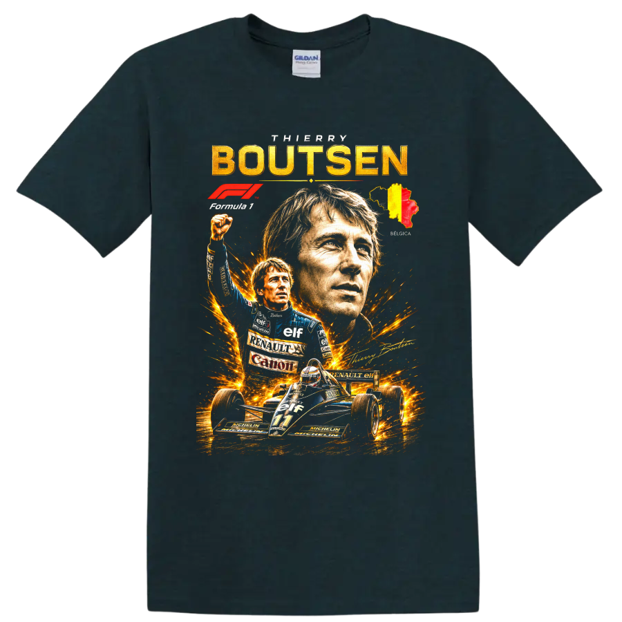 Thierry Boutsen Formula 1 portrait collage with Renault number 11 car and Belgian map on a Midnight (Green) T Shirt