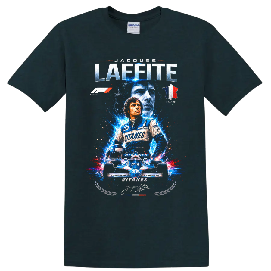 Jacques Laffite Ligier Formula 1 racing art with number 26 car and French tricolor on a Midnight (Green) T Shirt