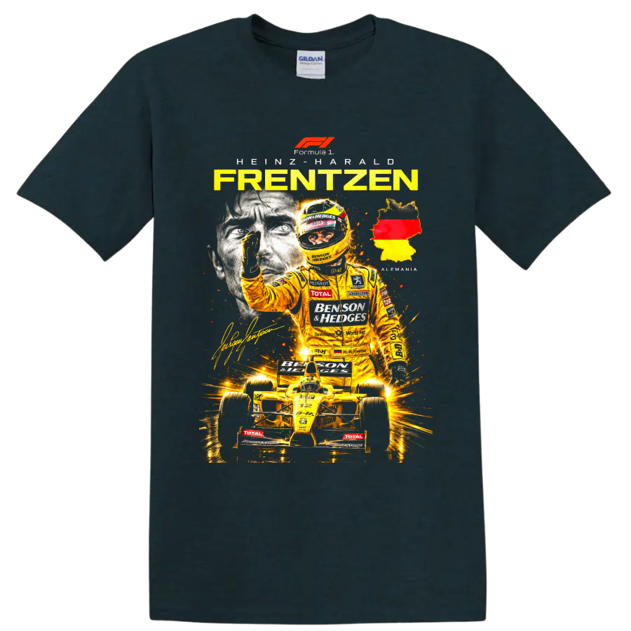 Heinz-Harald Frentzen Jordan Formula 1 yellow racing collage with Germany map on a Midnight (Green) T Shirt