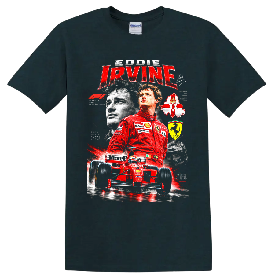 Eddie Irvine Ferrari Formula 1 collage with red race car, helmet, and Northern Ireland on a Midnight (Green) T Shirt