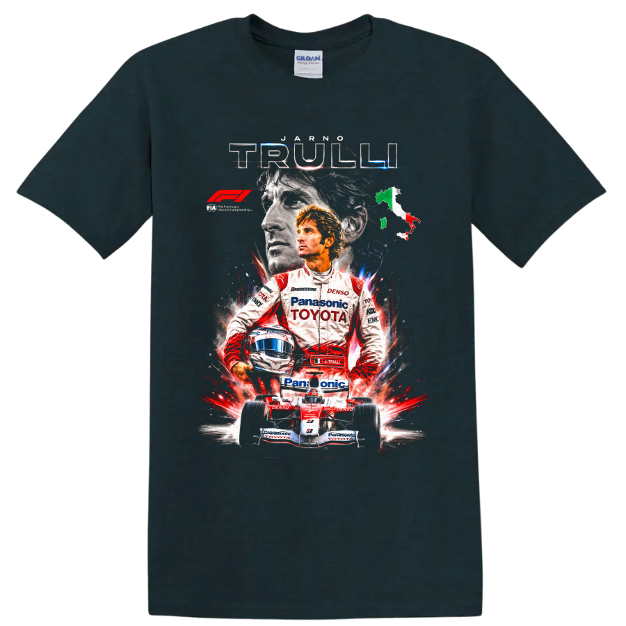 Jarno Trulli Toyota Formula 1 portrait with helmet, race car, and Italian map on a Midnight (Green) T Shirt