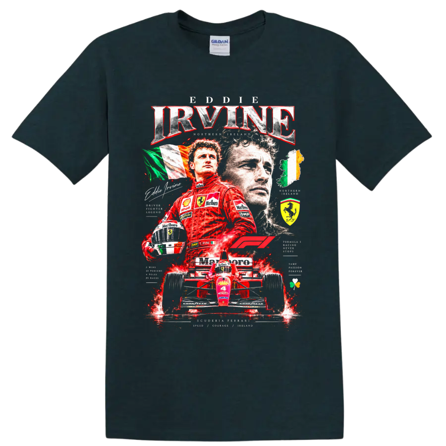 Eddie Irvine Ferrari Formula 1 collage with red race car, helmet, and Irish flags on a Midnight (Green) T Shirt