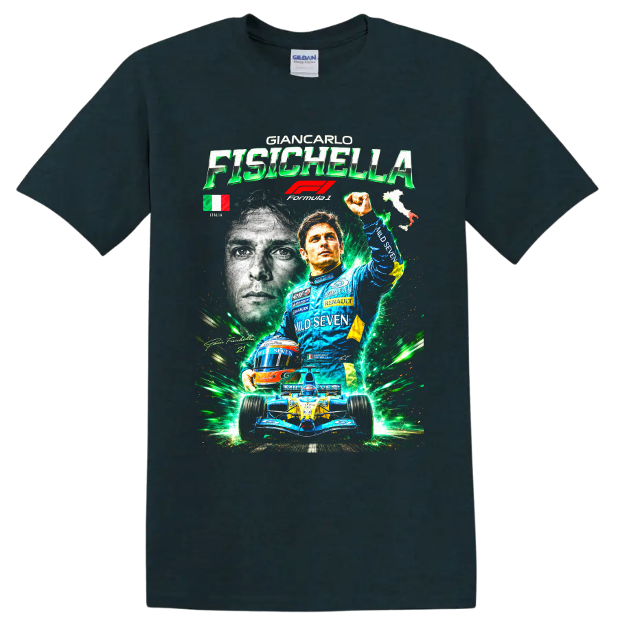 Giancarlo Fisichella Renault Formula 1 driver collage with race car and green energy on a Midnight (Green) T Shirt