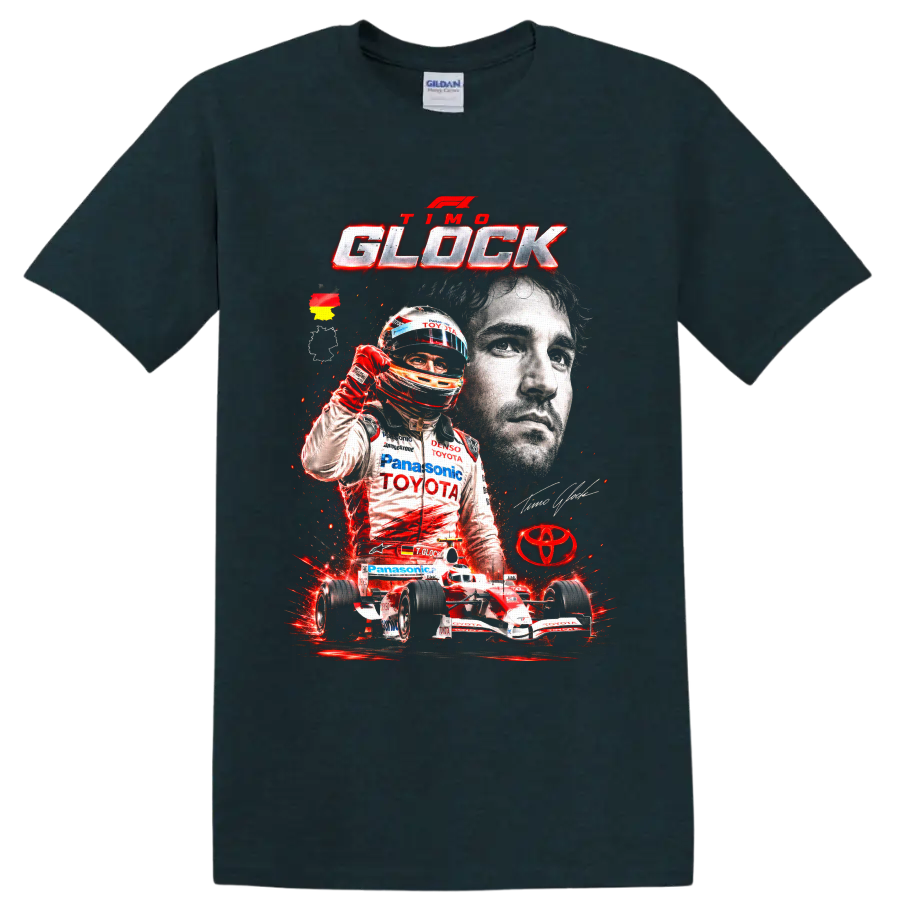 Timo Glock Toyota Formula 1 portrait, helmeted driver, and race car graphic on a Midnight (Green) T Shirt