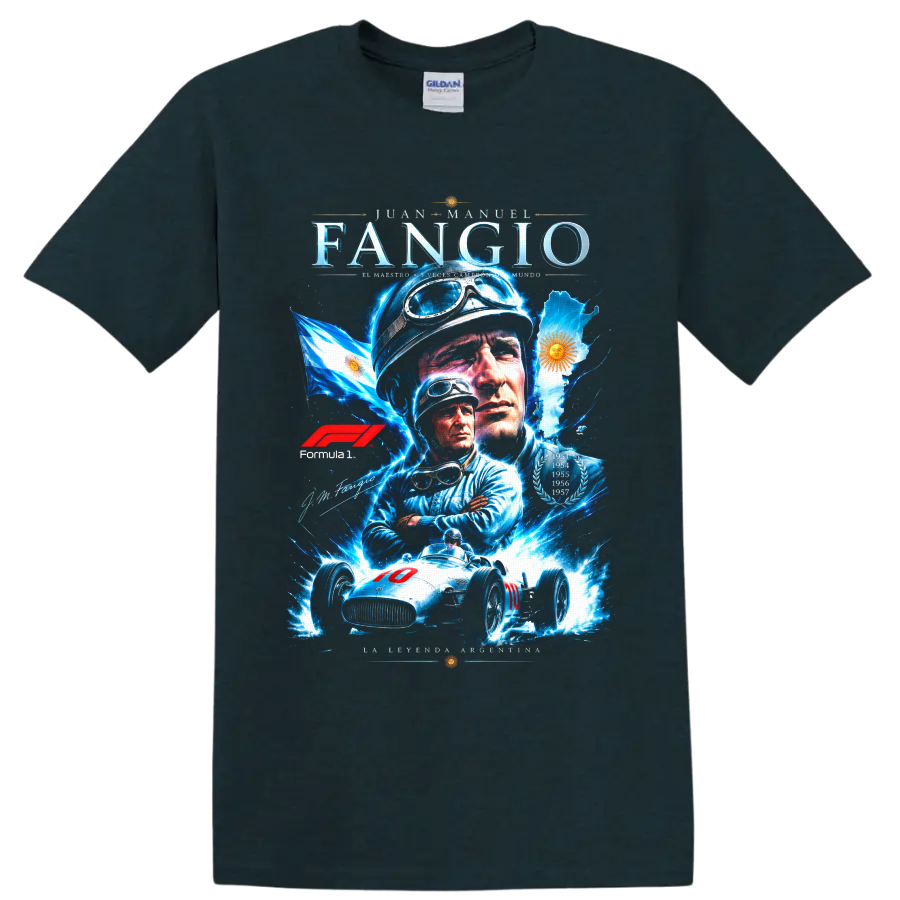 Juan Manuel Fangio portrait collage with vintage race car, Argentina flag, and laurels on a Midnight (Green) T Shirt