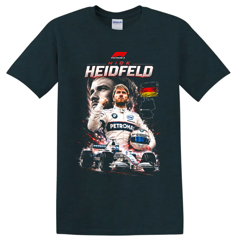 Nick Heidfeld BMW Sauber Formula 1 racing poster graphic with helmet and race car on a Midnight (Green) T Shirt