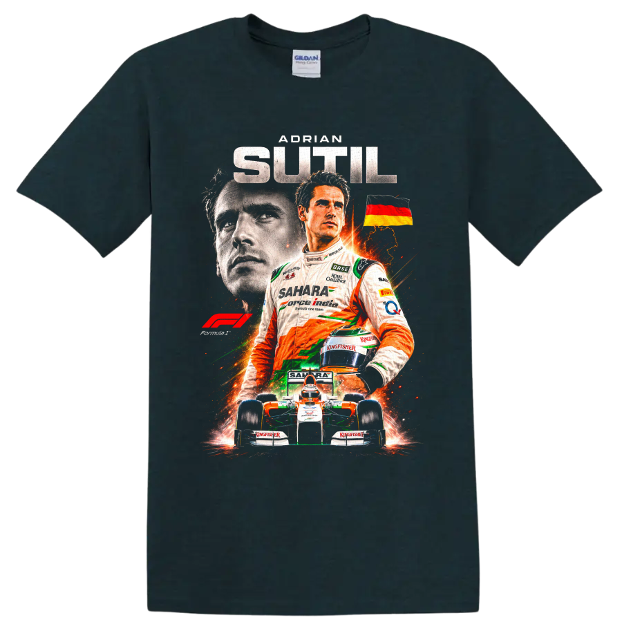 Adrian Sutil Sahara Force India Formula 1 driver collage with German flag and race car on a Midnight (Green) T Shirt