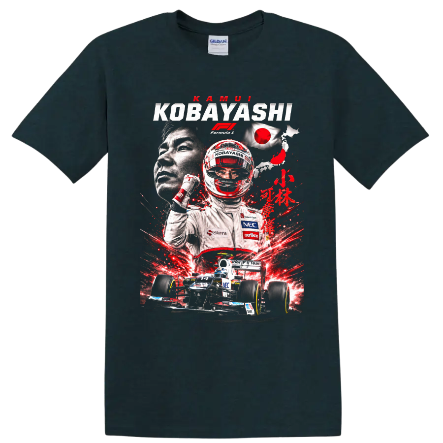 Kamui Kobayashi Sauber Formula 1 collage with helmet, No. 14 car, and Japan flag on a Midnight (Green) T Shirt