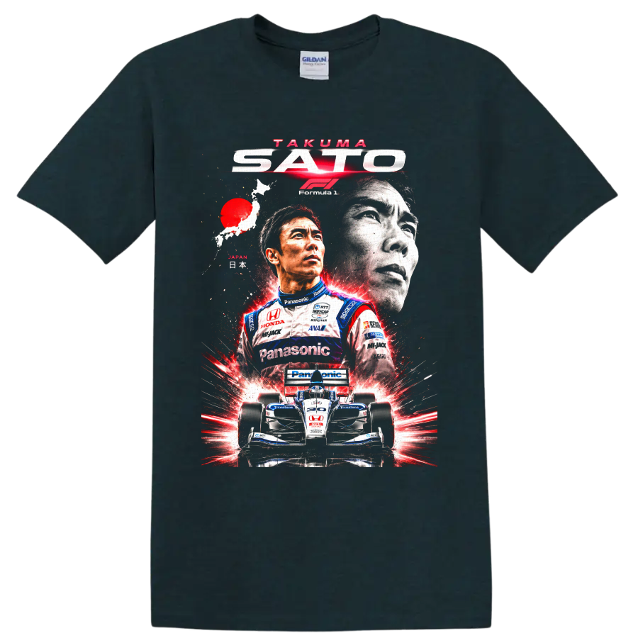 Takuma Sato racing collage with IndyCar number 30 car and Japanese map graphic on a Midnight (Green) T Shirt