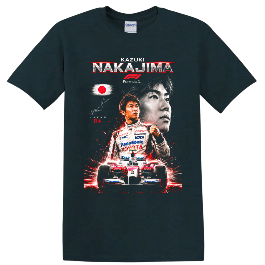 Kazuki Nakajima Toyota Formula 1 portrait and race car graphic with Japanese flag on a Midnight (Green) T Shirt