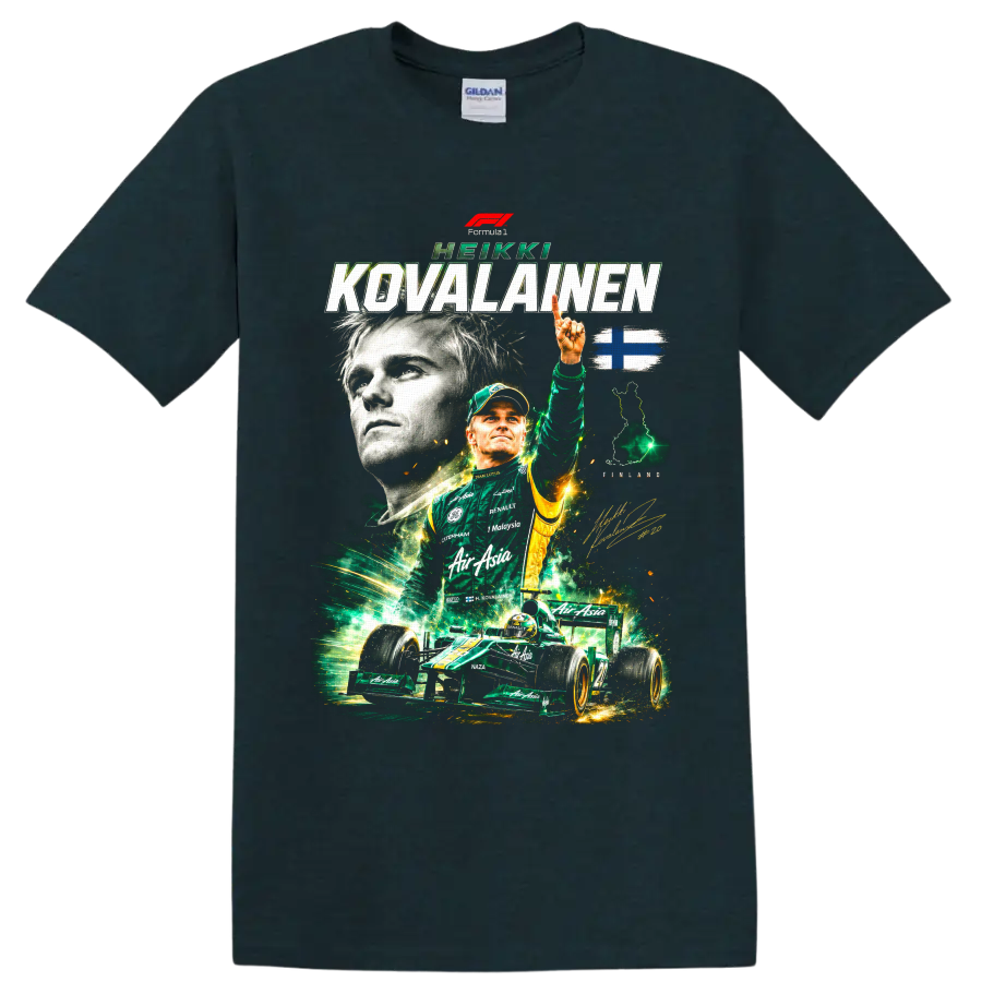 Heikki Kovalainen Formula 1 collage with green race car, Finland flag, and signature on a Midnight (Green) T Shirt