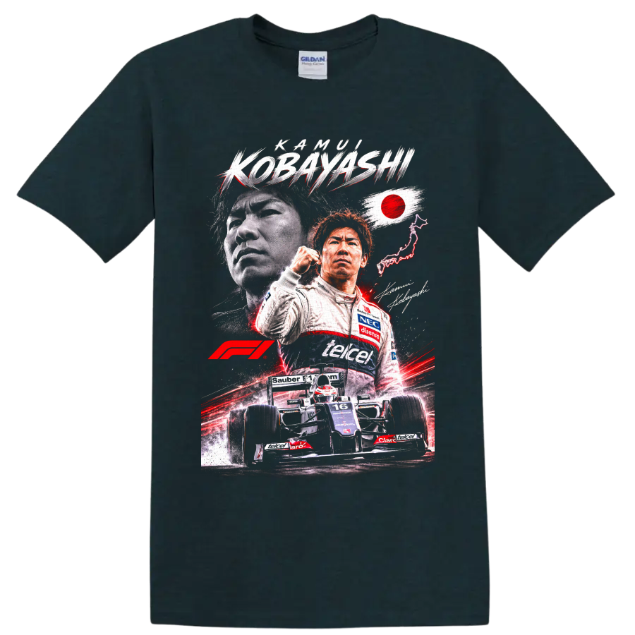 Kamui Kobayashi Sauber Formula 1 portrait and number 16 race car graphic on a Midnight (Green) T Shirt