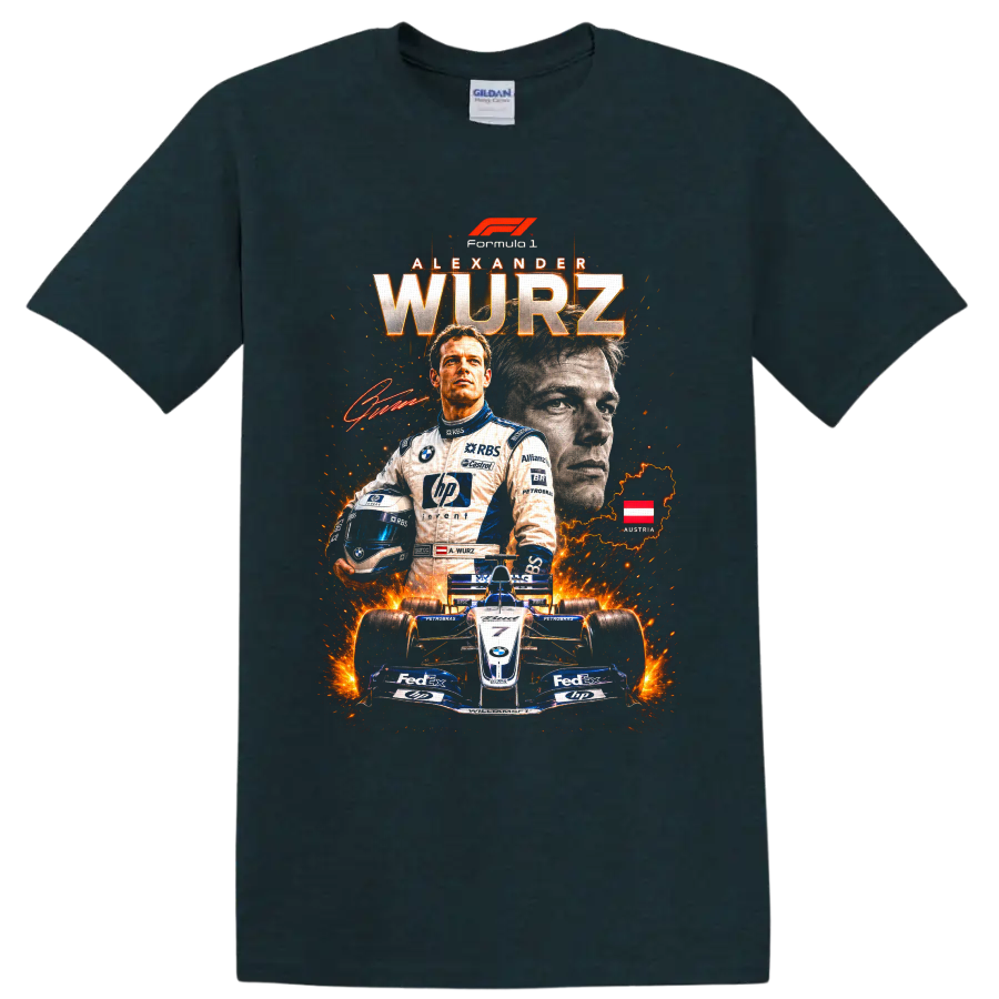 Alexander Wurz Williams Formula 1 racing collage with helmet, car, and Austria map on a Midnight (Green) T Shirt