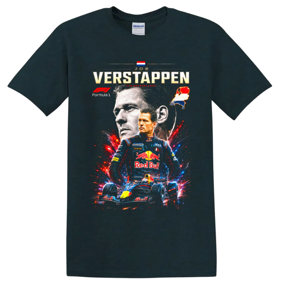 Jos Verstappen Formula 1 collage with portrait, Dutch map, and open-wheel race car on a Midnight (Green) T Shirt