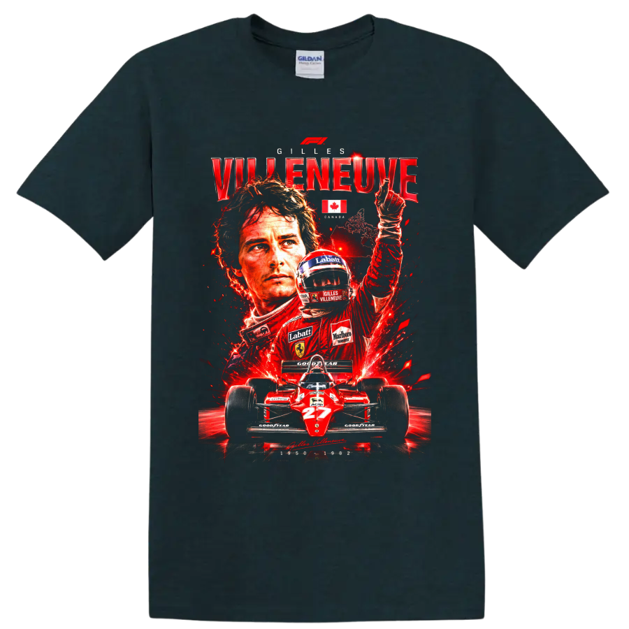 Gilles Villeneuve Ferrari number 27 Formula 1 racing tribute collage on a Midnight (Green) T Shirt