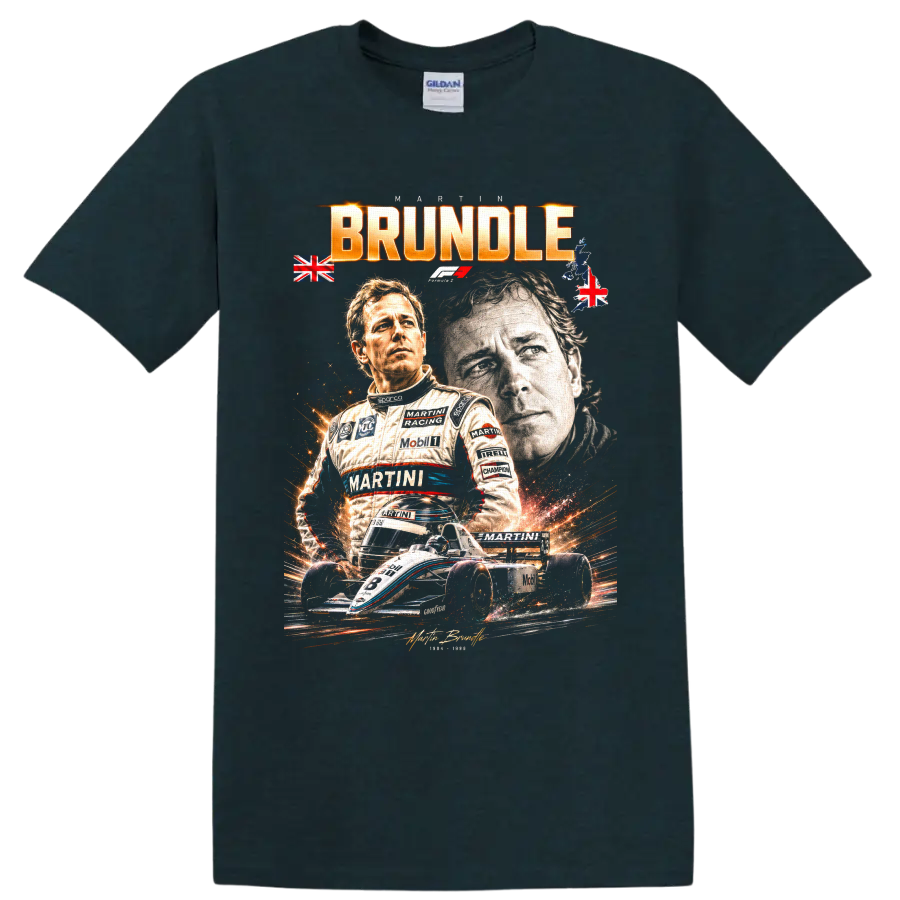 Dramatic Martin Brundle racing portrait collage with open-wheel car and BRUNDLE text on a Midnight (Green) T Shirt