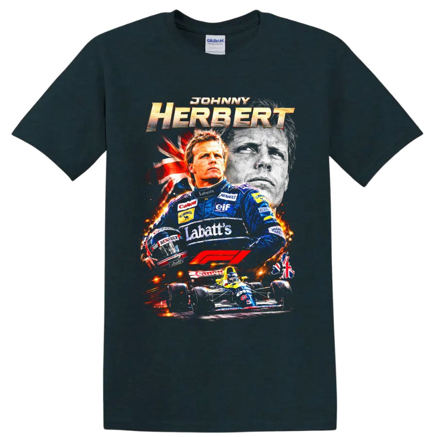Johnny Herbert Formula 1 racing collage with Lotus suit, helmet, portrait, and race car on a Midnight (Green) T Shirt