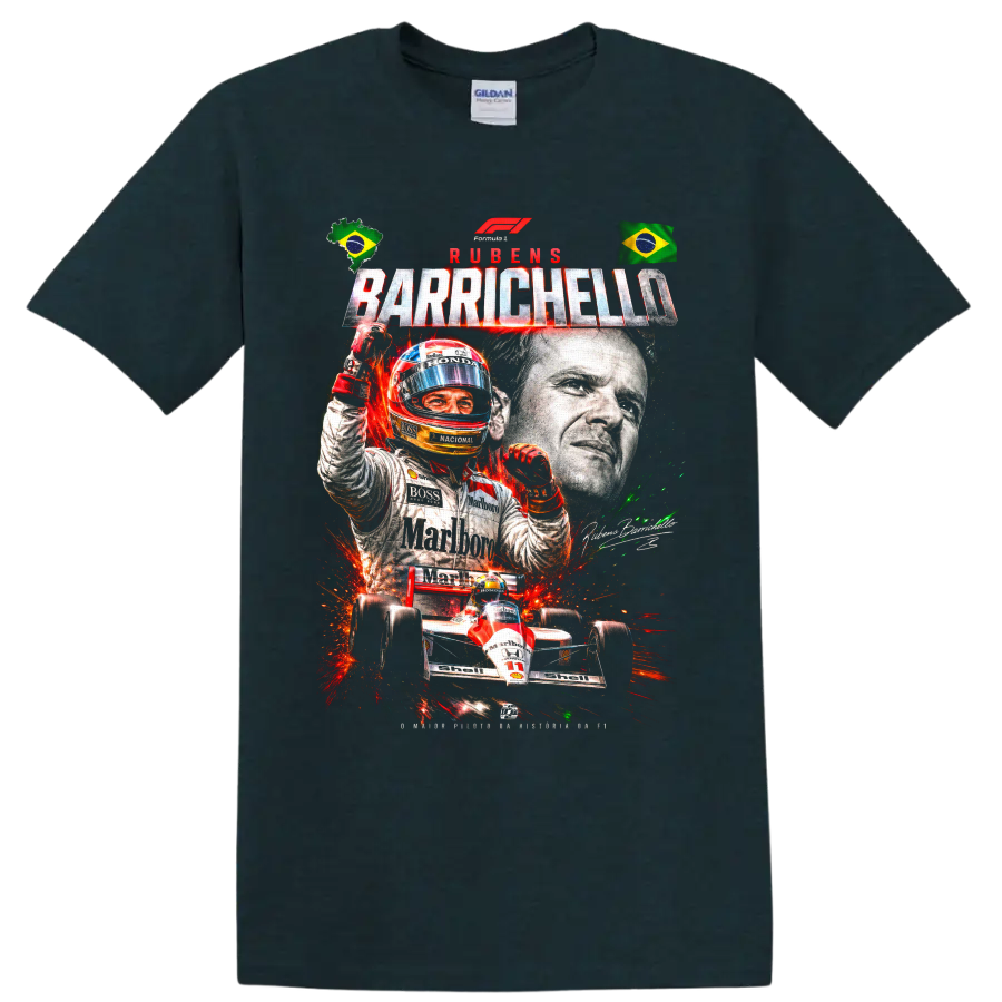 Rubens Barrichello racing collage with Brazilian flags, helmeted driver, and number 11 car on a Midnight (Green) T Shirt