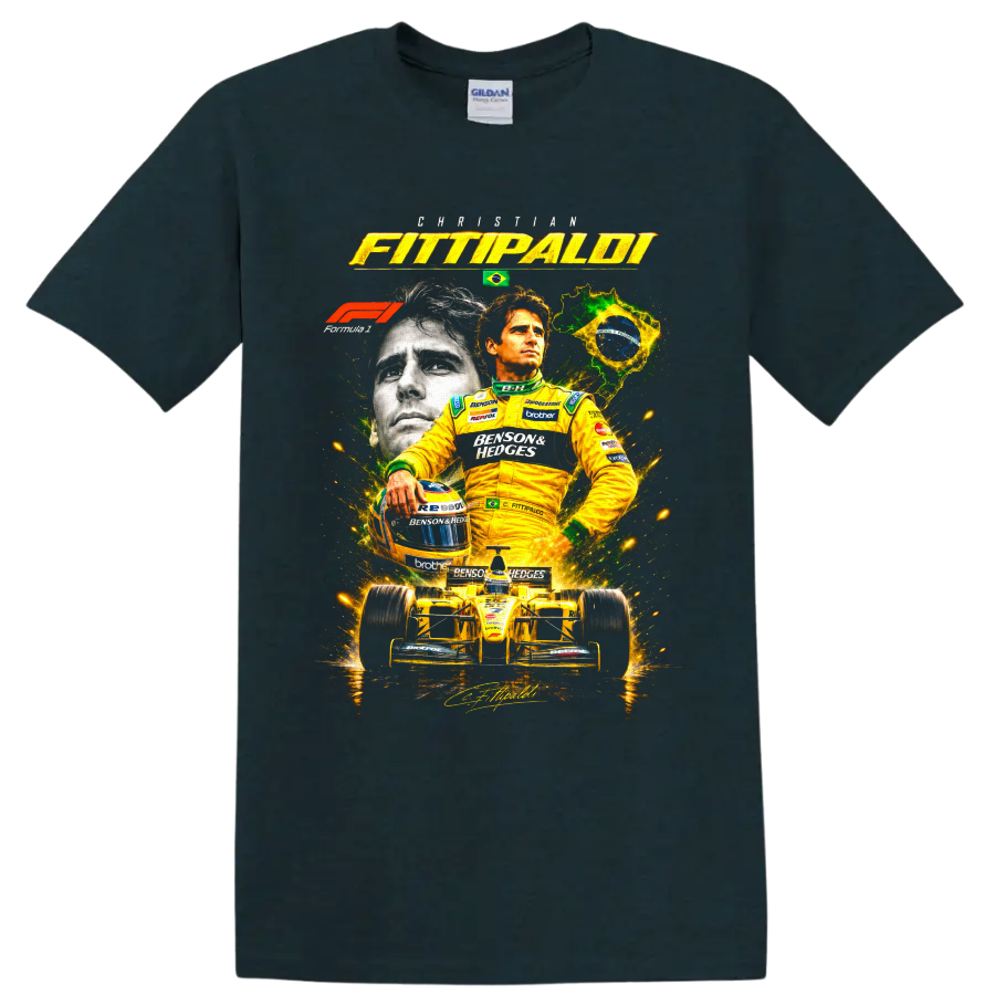 Christian Fittipaldi portrait with yellow open-wheel race car and Brazil-inspired graphics on a Midnight (Green) T Shirt